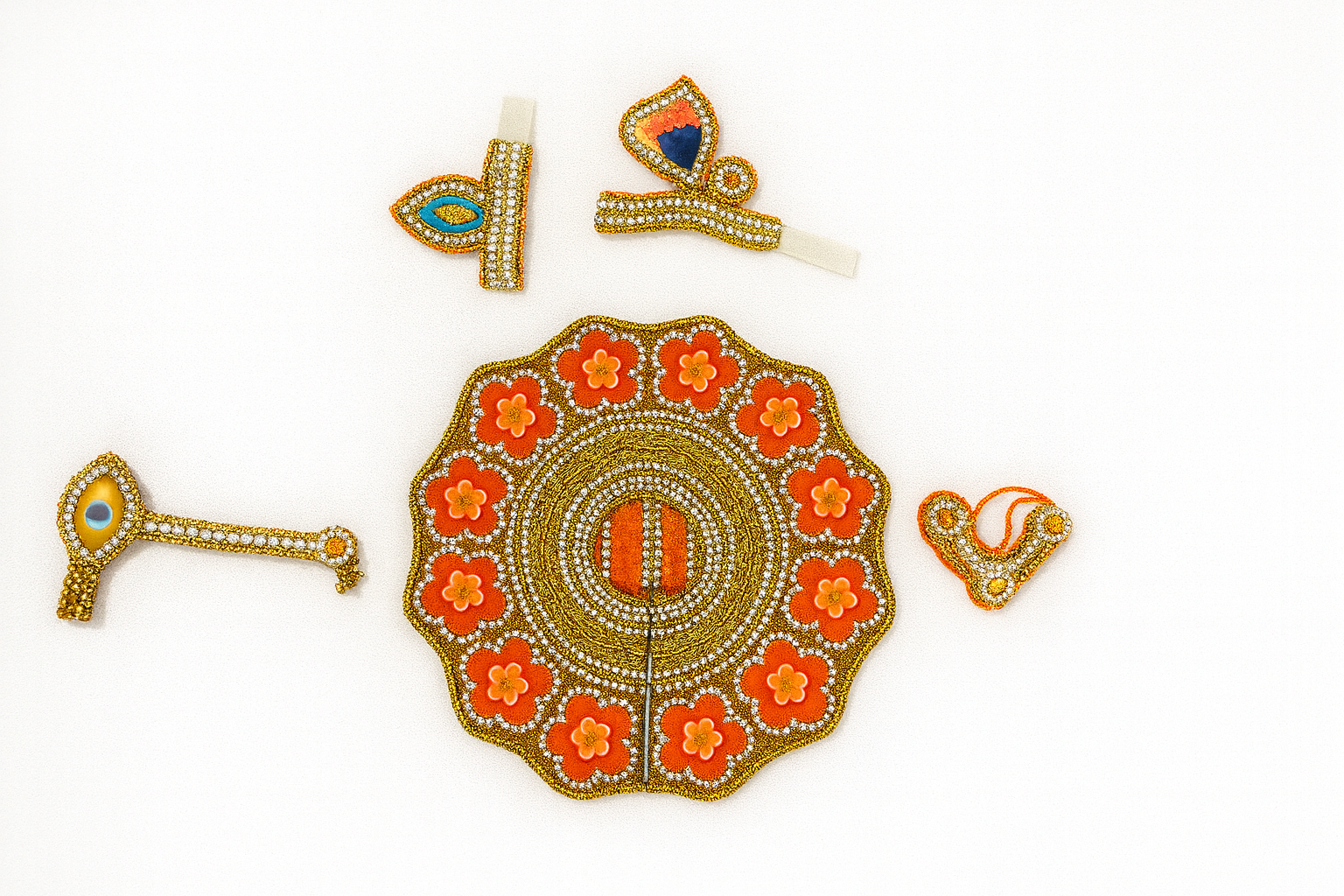 Laddu Gopal Dress – Orange Floral Velvet Stone Poshak (Size 5 Inches)