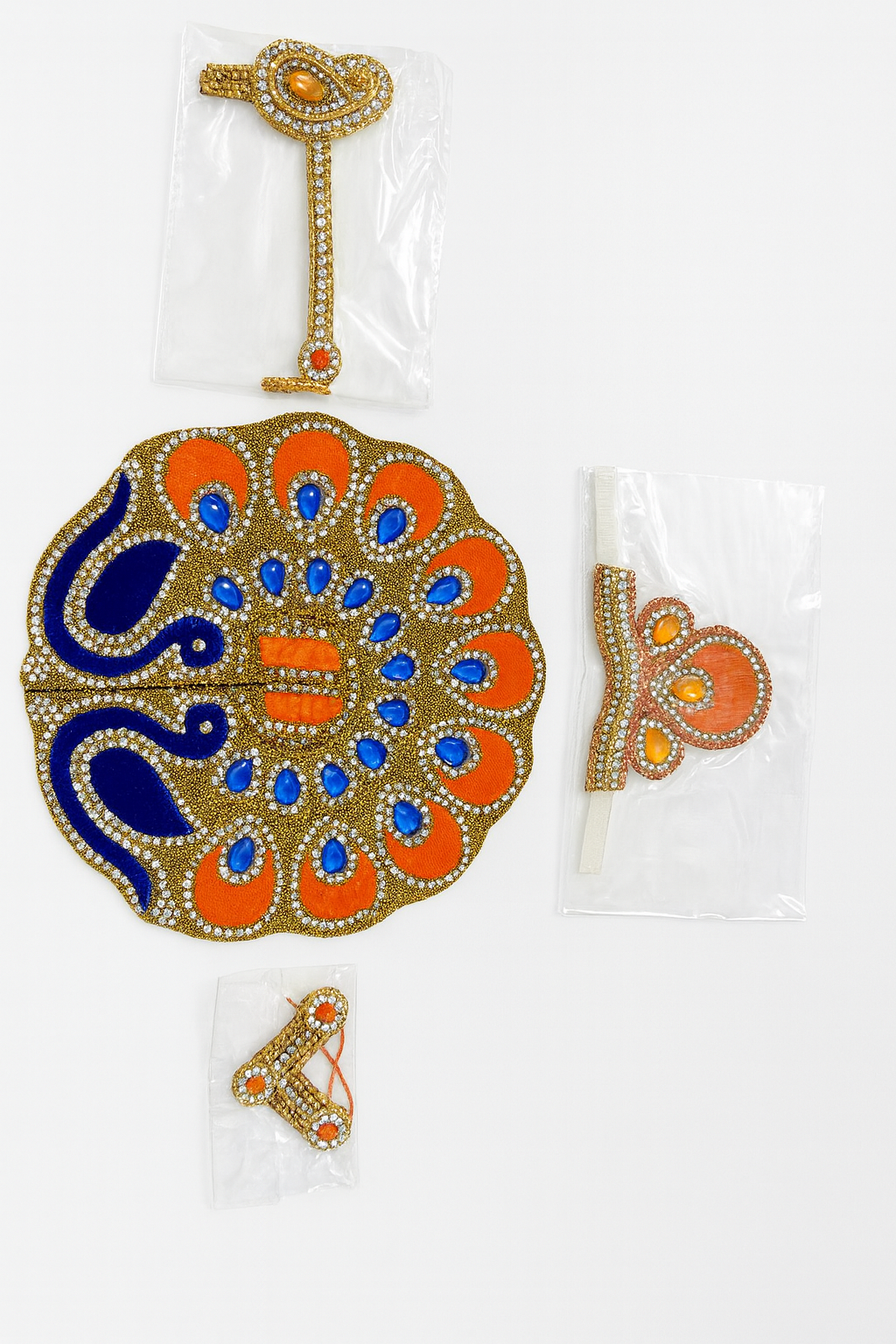 Laddu Gopal Dress – Orange & Blue Peacock Stone Work Poshak (Size 5 inches)