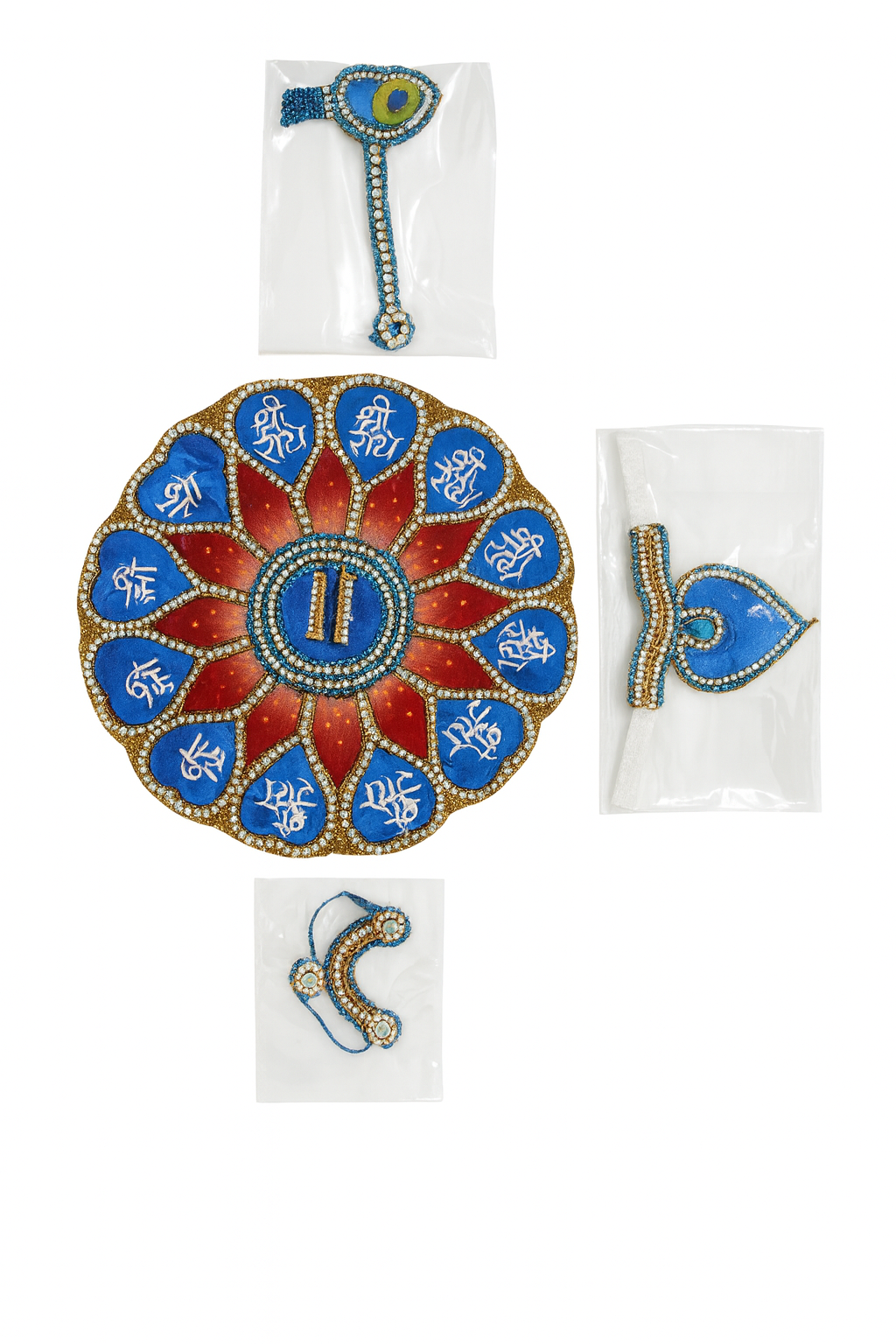 Laddu Gopal Dress – Blue & Red “Shree Radhe” Stone Work Poshak (Size 5 inches)