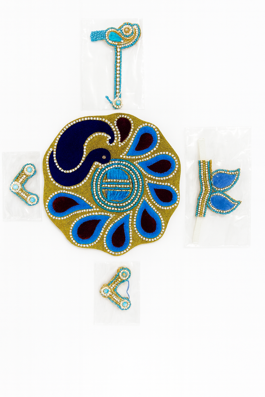 “Laddu Gopal Peacock Dress Set – Blue & Gold Designer Outfit”- Size 5 Inches