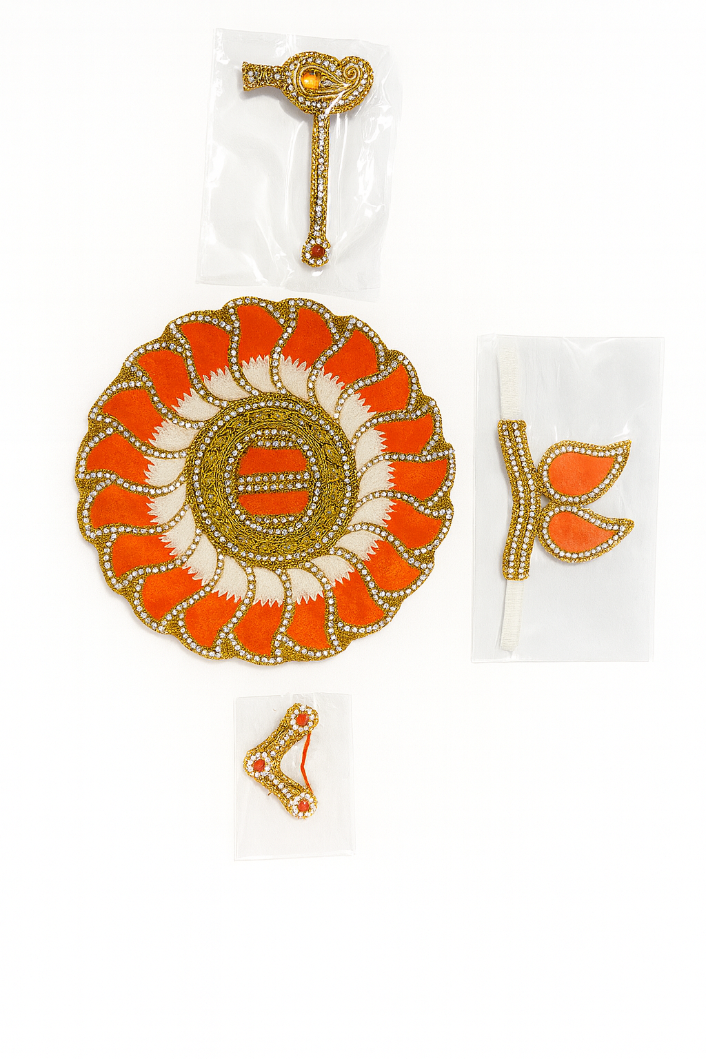 Laddu Gopal Orange & White Designer Dress Set (Stone Work Poshak)-Size 5 Inches