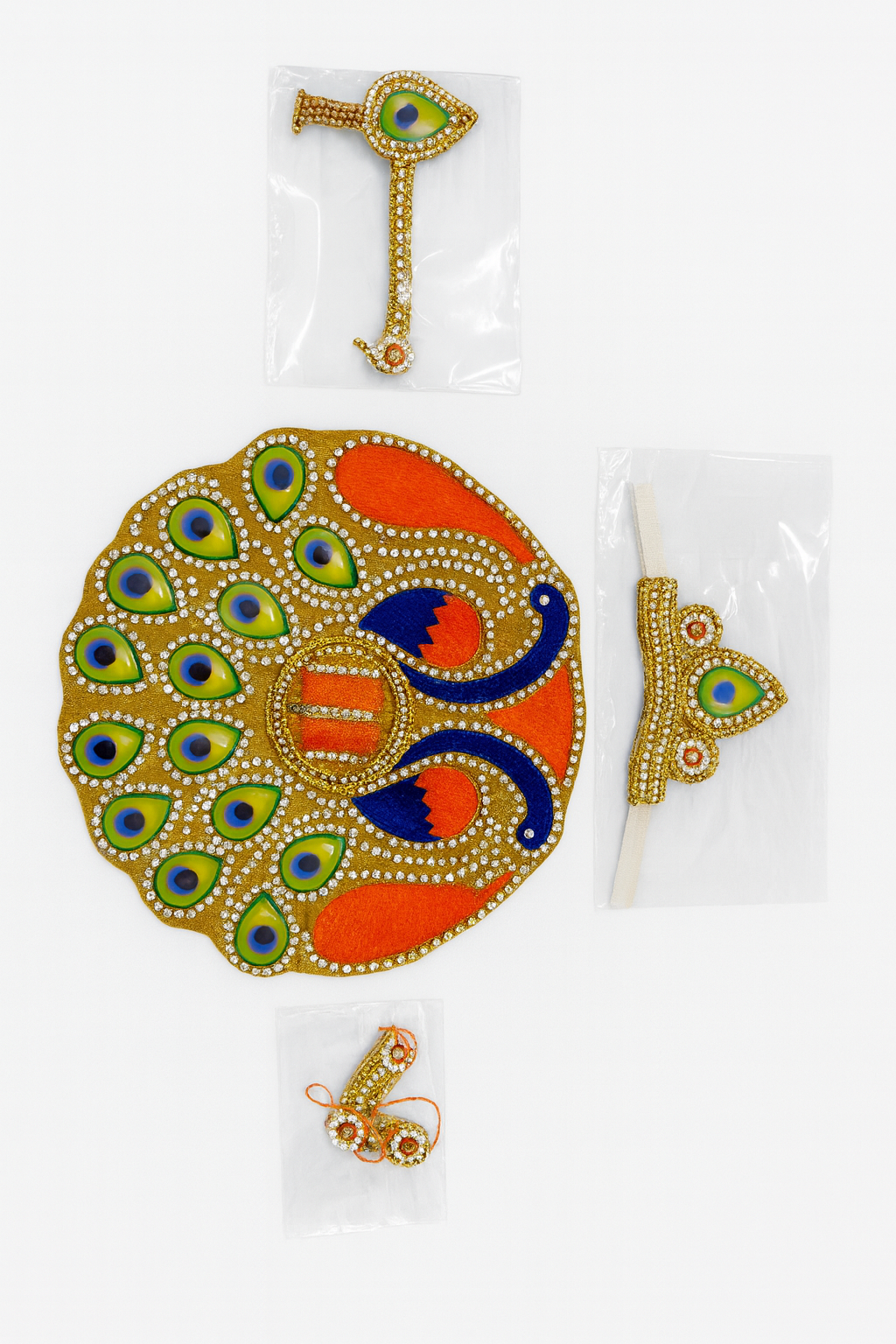 Laddu Gopal Dress – Orange & Blue Peacock Stone Work Poshak (Size 5 Inches)