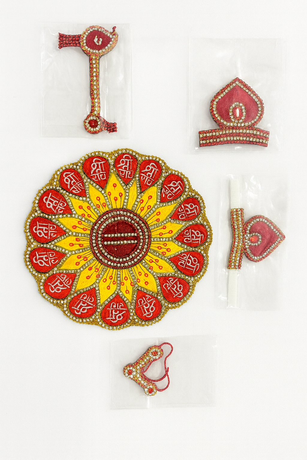 👉 Laddu Gopal Dress – Red Yellow Designer Peacock Style (Size 5 Inches)