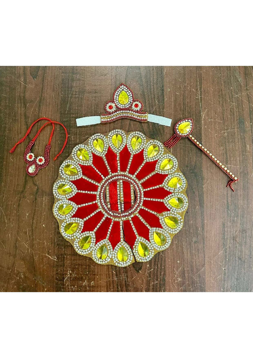 Red & Yellow Laddu Gopal Poshak Set – Handcrafted Krishna Dress with Mukut, Flute & Necklace