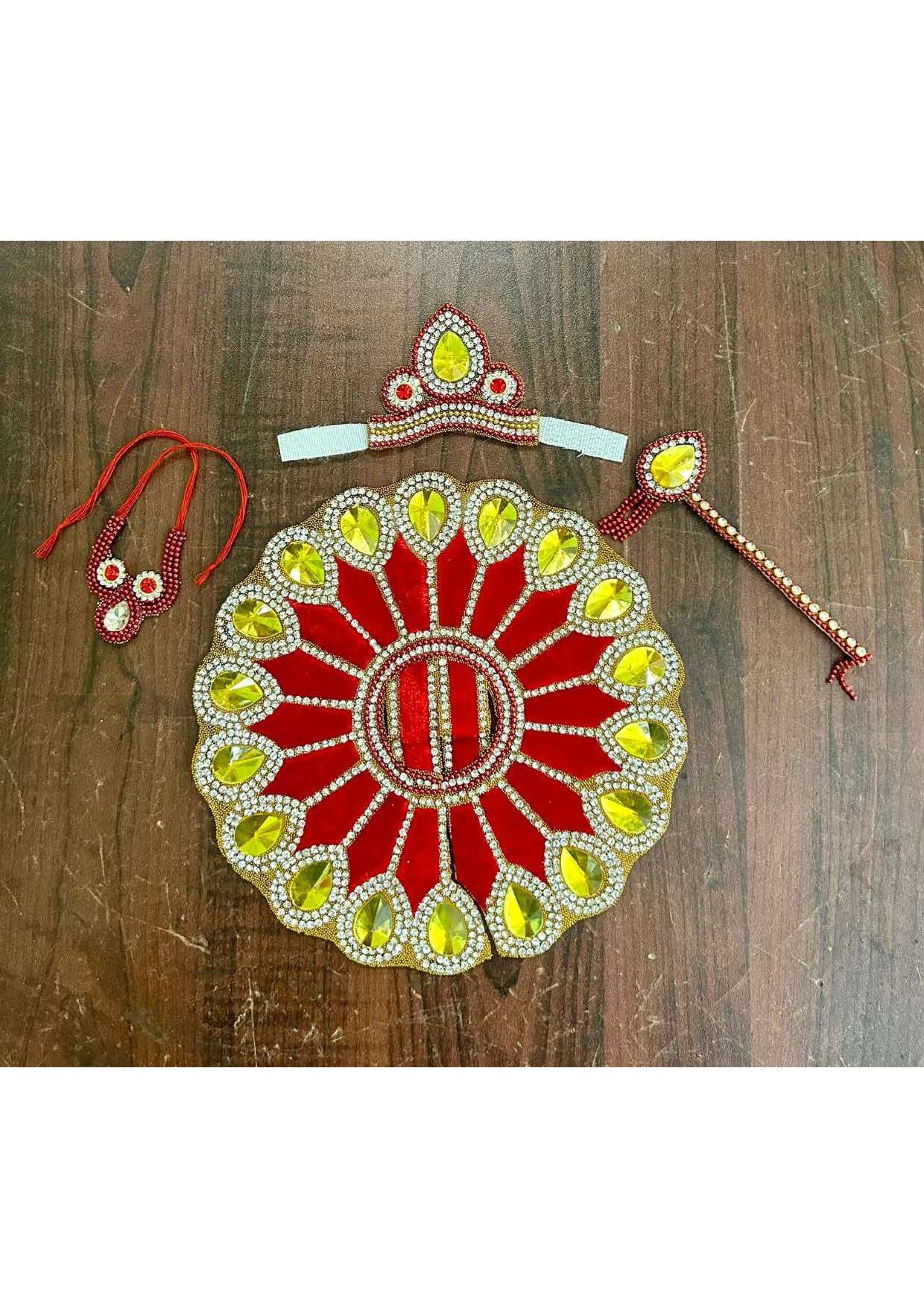 Red & Yellow Laddu Gopal Poshak Set – Handcrafted Krishna Dress with Mukut, Flute & Necklace