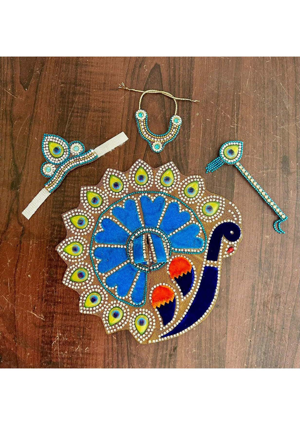 Peacock Theme Laddu Gopal Poshak Set – Handcrafted Blue & Gold Krishna Dress with Mukut, Flute & Necklace