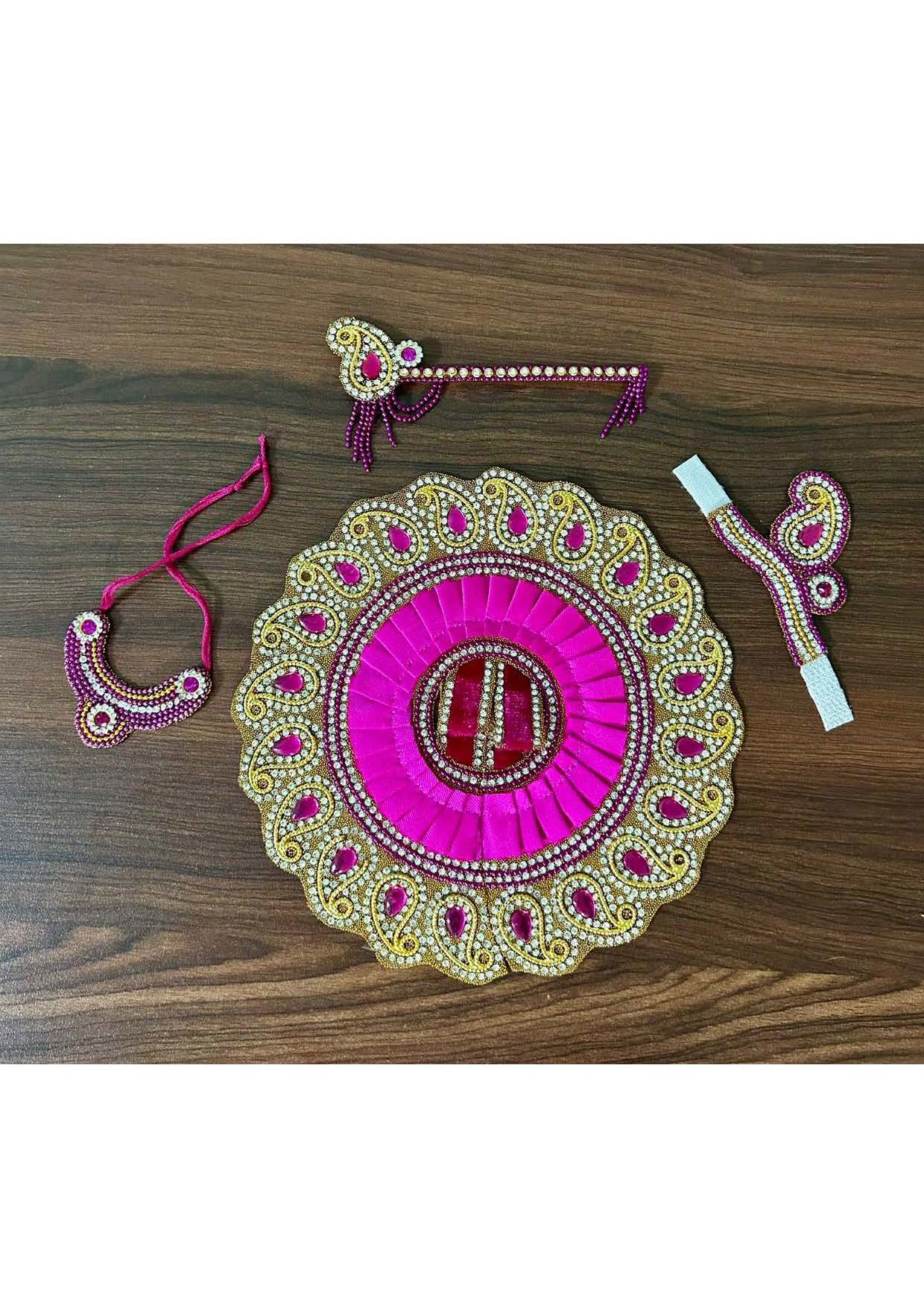 Elegant Pink & Gold Laddu Gopal Poshak – Handcrafted Krishna Dress with Mukut & Flute