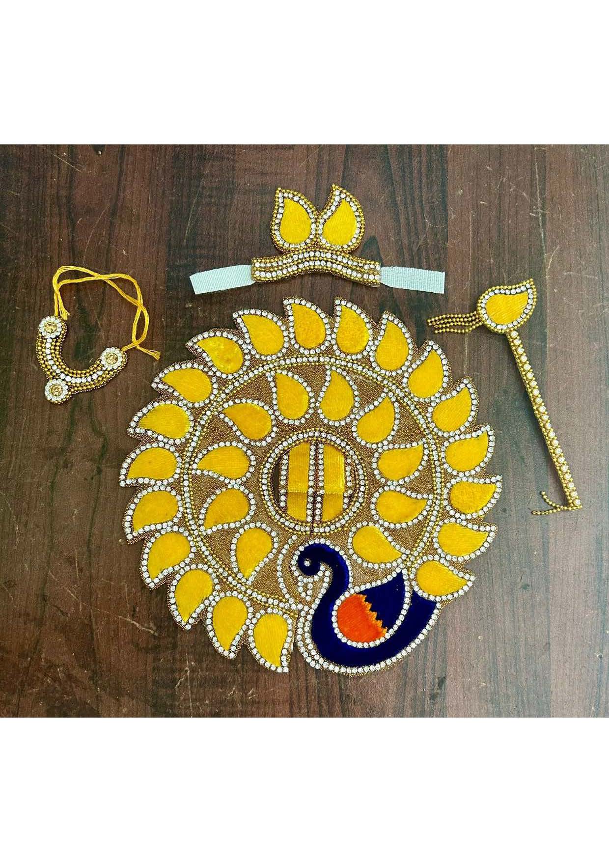 Bright Yellow & Blue Laddu Gopal Poshak – Handcrafted Krishna Dress Set with Mukut & Flute