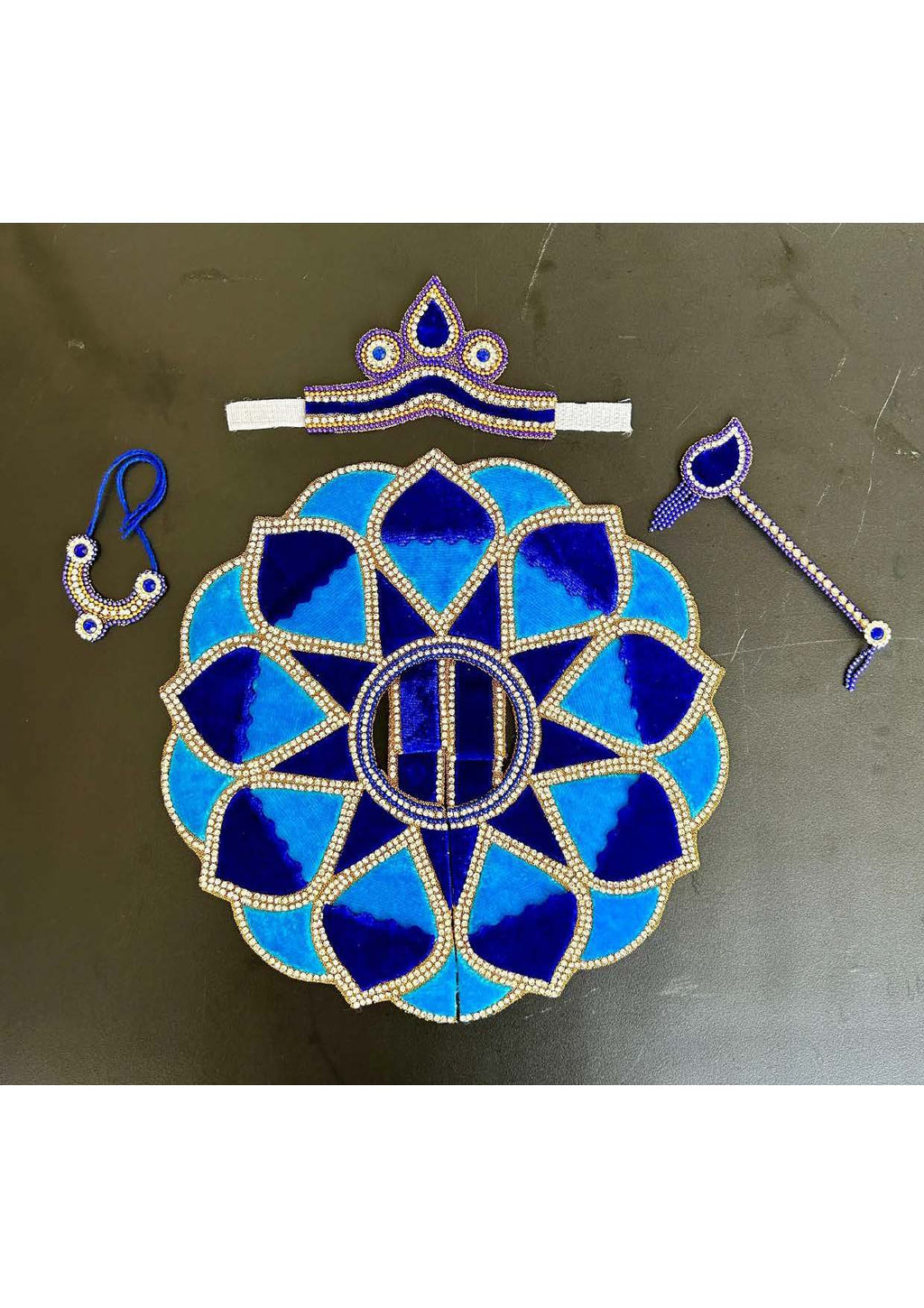 Royal Blue Velvet Laddu Gopal Poshak – Handcrafted Krishna Dress Set with Mukut, Flute & Necklace