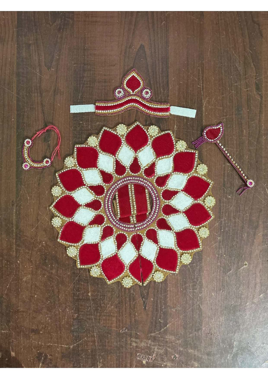 Divine Red & White Velvet Laddu Gopal Poshak – Handcrafted Krishna Dress Set with Mukut, Flute & Necklace